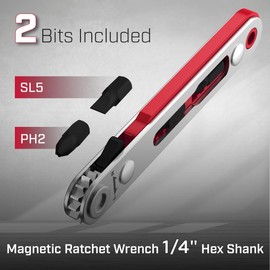 Bates Mini Ratchet Wrench, 1/4" Magnetic 90 Degree Screwdriver, Low Profile Right Angle Screwdriver for Tight Spaces