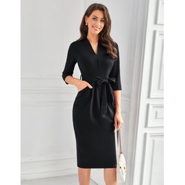 GRACE KARIN Business Dresses for Women 3/4 Sleeve V Neck Sheath Dress Black Funeral Dress Slim Classy Formal Church Dresses for Women M