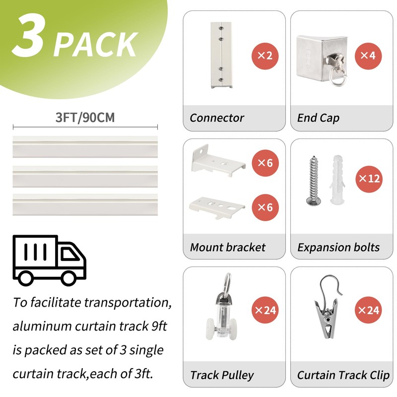 KOLAKO Ceiling Curtain Track, (3Ft-9Ft) Aluminum Curtain Track Wall Mount