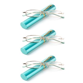 3 Packs Nebee Fashion Pocket Readers Ultra Slim Compact Reading Glasses Spring Temple w/Portable Nebee Fashion Pocket Clip Aluminum Case Teal +3.00