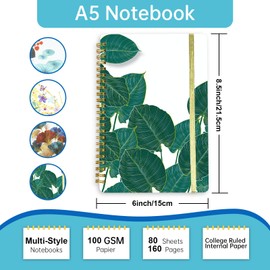 Mlife Spiral Notebook A5 lined,Notebooks Spiral Bound 160Pages,100g/m²note pad,8.5 "X 6" Travelers Notebook,Notebooks with Pockets,Elastic for Adult Diary&Journal Notebook-Green Gold leaf