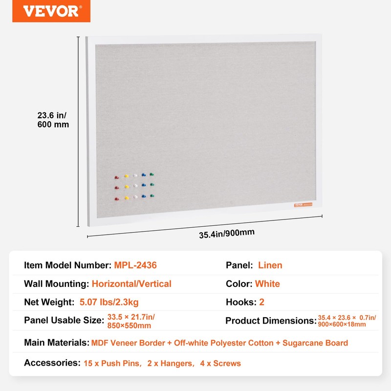 VEVOR 36"x24" White Cork Board with Linen Surface – Stylish
