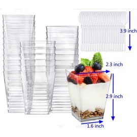 Mistari 50 Pack Clear Plastic Dessert Cups with Spoons, Mini Parfait Cups Pudding Cups for Cheesecake Yogurt Jello Mousse Snacks Fruit Trifle (High Footed Cups + Square Cups)