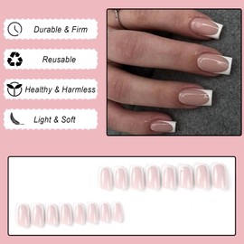 Ceboic 24Pcs French False Nails Square Short, Glossy Nude Press on Nails with White Border Designs, Fake Nails Acrylic Full Cover Stick on Nails for Women Girls Daily Wear Salon
