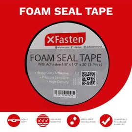 XFasten Black Foam Seal Tape, Self-Adhesive, 1/8"Thick 1/2-Inch x 20-Foot (3-Pack), High-Density Weather Strip Tape for Window, Door Insulation, Neoprene Insulation Foam Tape