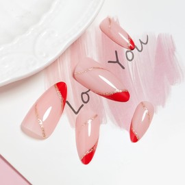 Press on Nails Medium Almond Fake Nails Red French False Nails with Glitter Line Design Fit Perfectly Natural Reusable Stick On Nails Acrylic Nails for Women 24 pcs