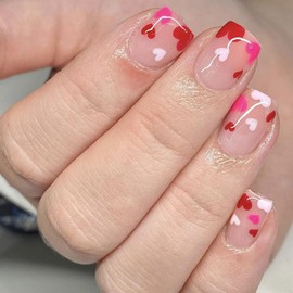 Valentines Press on Nails Short Square Fake Nails with Heart Designs White & Red Translucent Acrylic Nails Glossy Petite False Nails Cute Valentine's Day Stick on Nails for Women 24 Pcs