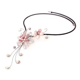 NOVICA Artisan Handmade Cultured Pearl Rose Quartz Choker Stainless Steel Glass Bead Pink White Clear Pendant Thailand Floral Birthstone [17 in Inner Circ. x 0.1 in W Pendant(s) 4.3 in L x 2.8 in W]