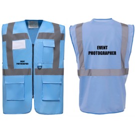 Event Photographer Superior Zipped Hi Vis Vest High Visibility Safety Waistcoat Pockets Reflective Bands Event Staff, Event Support, 12 Colour Options, Brook Hi Vis (Sky Blue, Small)