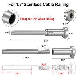 BLIKA 50 Pack Invisible Cable Railing kit, T316 Stainless Steel 1/8" Invisible Receiver and Swage Stud End for Cable Railing, Swage Tensioner 1/8" for Wood/Metal Post, Cable Railing Hardware