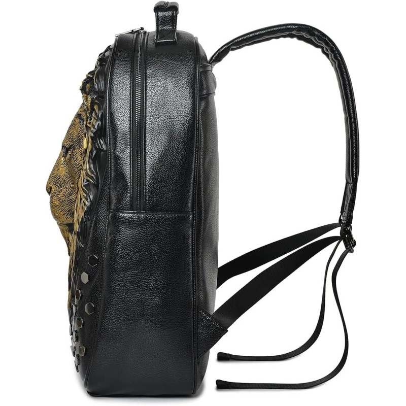 3D Lion Backpack Designer Vegan Leather Rivets Black Gold Large