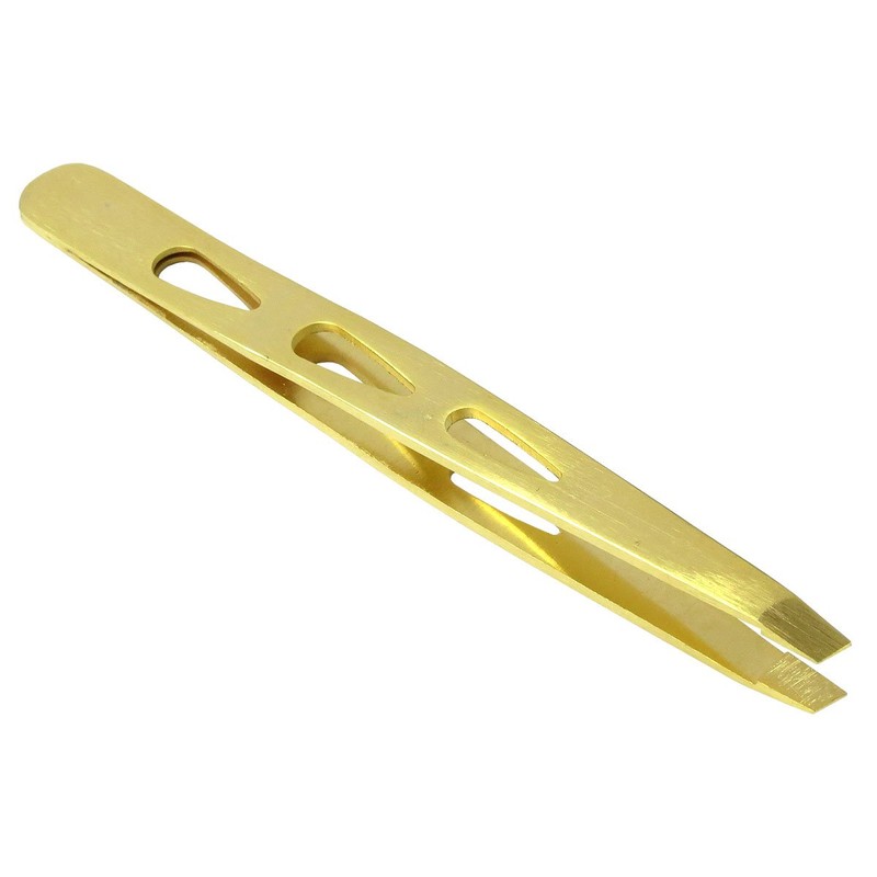 HTS 172D7 4" Gold Slanted Eyebrow Tweezers with Droplet Holes