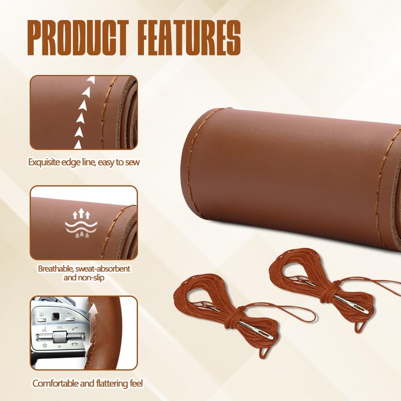 HEVLE Leather Steering Wheel Cover Lace Up, Stitch On Wrap,