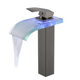 Qeemee LED Bathroom Faucet, Black Waterfall Tall Vessel Bathroom Sink Faucet 1 Hole Single Handle Brass with Water Supply Hoses