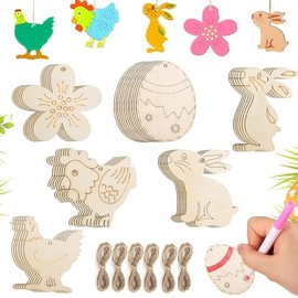 Funmo Pack of 36 Easter Wooden Pendants Easter for Painting Easter Pendant Wood with Jute Rope DIY Easter Crafts Easter Bunny Easter Eggs Chicks for Children Easter Party Accessories DIY Decor DT799