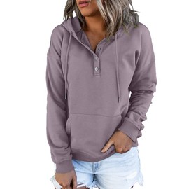 Dokotoo Womens Ladies Winter Sweatshirts for Women Comfy Simple Plain Drawstring Hoodies Button Collar Fleece Long Sleeve with Pockets Hooded Pullovers Casual Loose Fit Fall Tops Shirts Purple L