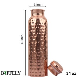 BIFFELY 100% Pure Copper Water Bottle for Drinking – Extra Large 34 Oz Wide Mouth, Hammered Ayurvedic Copper Water Bottle – Handcrafted Leak-Proof Vessel, Reusable, BPA-Free & Travel Friendly