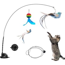 Kit de 5 Juguetes Interactivos para Gatos - Incluye Caña con Plumas, 2 Pelotas con Cascabeles, Ventosa de Succión y Cordón Pegajoso, Ideal para Gatos Indoor y Adultos
