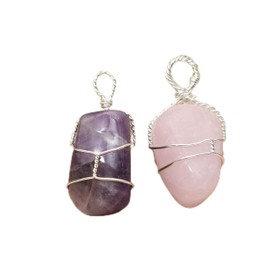 Zaicus Amethyst & Rose Quartz Tumble Shape Wire Wrapped Pendant with Adjustable Cord Jewelry Crystal Healing Good Luck Spiritual Energy Ideal Gift for Unisex (Set of 2)