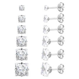 6 Pairs Surgical Stainless Steel Screw back Stud Earrings, 18K Gold Plated Heart Square Princess Cut Round Cubic Zirconia CZ Stud Earrings Set (Silver square butterfly back)