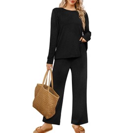 WIHOLL Lounge Sets For Women 2 Piece Long Pants With Pockets Fall Outfits Loungewear Black L