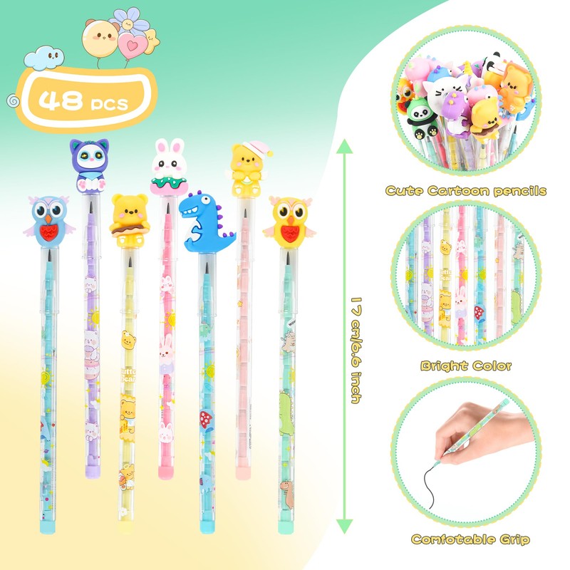 Ulema 48 PCs Cute Stackable Pencils For Students Stacking Cartoon