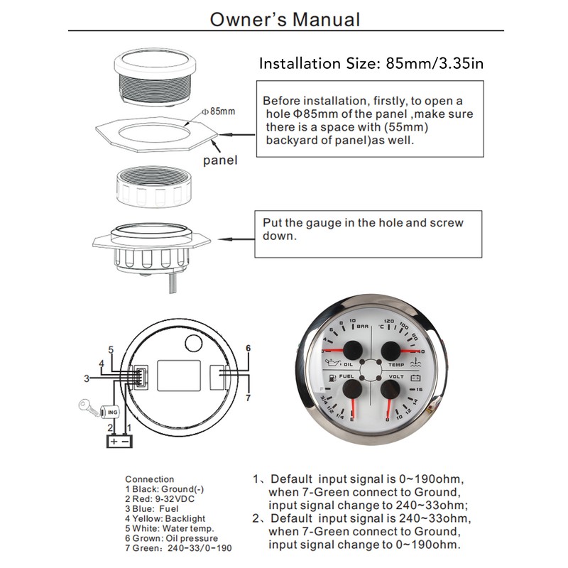 4in1 85mm Guage Multifunction Fuel Level Oil Pressure Water Temp
