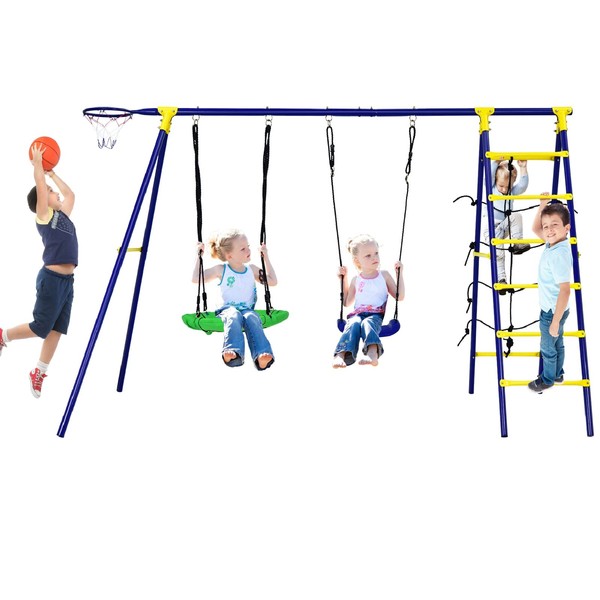 Costzon 550lbs Swing Sets for Backyard, 5 in 1 Heavy Duty Extra Large Metal Swing Frame with 2 Tree Swing, Climbing Ladder, Net, Basketball Hoop, Ground Stake, Great Gift for Indoor Outdoor Kids