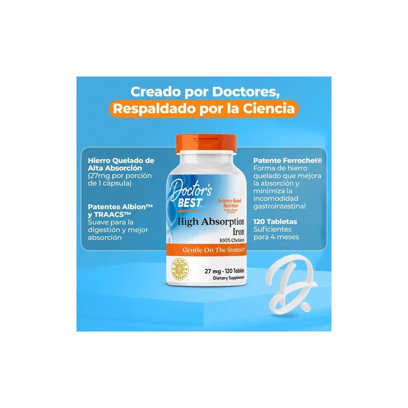 Hierro Quelado 27mg Chelated Iron Supplement with Albion Ferrochel, 120