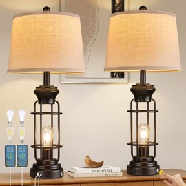 Reaketon Table Lamp Set of 2 with USB Ports, 28" Tall Farmhouse Table Lamp with 2 Nightlight Bulbs,Touch Control Table Lamps for Bedroom, Rustic Bedside Lamp for End Tables,Bulbs Included,Black