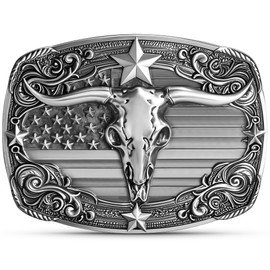 Superkred Western Cowboy Belt Buckle - Texas Longhorn Belt Buckle for Men & Women |American Flag Belts Buckle Accessory for Cowgirl (Silver)