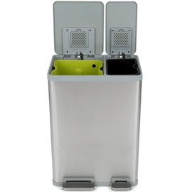 SIMPLI-MAGIC 60 Liter / 16 Gallon Rectangular Hands-Free Dual Compartment Recycling Kitchen Step Trash Can with Soft-Close Lid, Brushed Stainless Steel (38L x 22L Capacity)