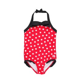 RuffleButts Girls UPF50+ Sun Protection Princess Sleeveless One Piece Swimsuit - Red Vintage Polka Halter, 3T