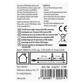 Idena 30257 - Catena luminosa LED Micro con 50 LED in bianco caldo e spina USB, per uso interno, per feste, Natale, decorazione, matrimonio, come luce d'atmosfera e per l'artigianato