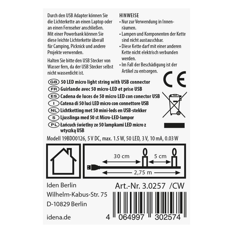 Idena 30257 - Catena luminosa LED Micro con 50 LED