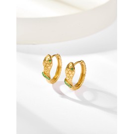 KINGWHYTE Snake Hoop Earrings 925 Sterling Silver Emerald Eye Cartilage Earrings 24K Gold Plated Sleeper Round Huggie 14mm Hoops Earrings Snake Jewelry Gifts for Women Men