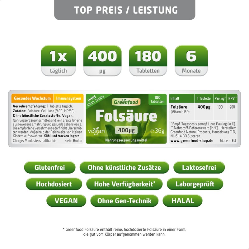 Folic Acid, 400 mcg, Vegan Hochdosiert Tablets – For Blood