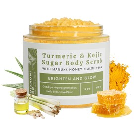 Kojic Acid, Turmeric & Manuka Honey Sugar Scrub (18 Ounces) Dark Spots & Brightening - Moisturize and Exfoliate - for Body, Hands, Foot, Thighs, Armpits, Bikini Area - 100% Natural Ingredients - Even Skin Complexion - Made in USA - 18 oz Jar