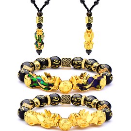 4 Pieces Feng Shui Pi Xiu Pi Yao Bracelet Necklace Set, Adjustable Feng Shui Lucky Nafu Wealth Necklaces Black Bead Bracelet with Hand Carved Amulet Bead (Three Thermochromism Three Gold)