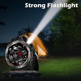 Smartwatch Compass Military Watch, Robust Smart Watch with LED Torch Phone Function 24H Heart Rate Outdoor Fitness Watch for Android iOS, black, Tactical