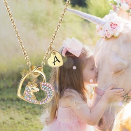 Aueoero Gifts for Girls Kids, Initial Unicorns Necklace for Girl Teens Initial Heart Pendant, Girls' Birthday, Christmas Gift (J, Gold)
