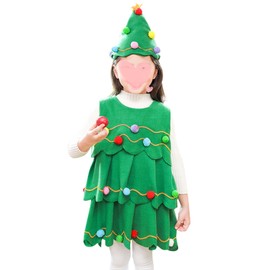DECEED Christmas Tree Cosplay Costume, Kids, Christmas Costume, Children, Girl, Santa Cosplay, Dress, Hat Included, Christmas Party, Fancy Dress (Size: 140)