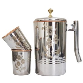 Stainless Steel and Pure Copper Water Pitcher with 2 Matching Tumblers for Ayurveda Health Benefits (57.48 fl. Oz.) (Etching with Brass Knob)