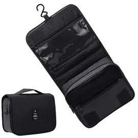 Hanging Toiletry Bag, Travel Wash Bag for Women Portable Folding Cosmetic Organizer Large Capacity Girls Makeup Bag Waterproof Shower Bag with Separate Compartment (Black)