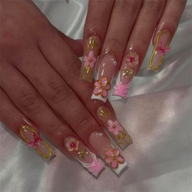 Long Square Press on Nails White French Tip Fake Nails Pink Gradient Glue on Nails with Golden Glitter Swirl 3D Flower Design Acrylic Nails 24Pcs Glossy Stick on False Nails for Women