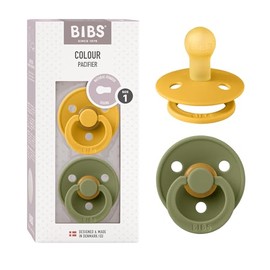 BIBS Colour Paquete de 2 chupetes. Libre de BPA, Tetina redonda. Látex natural, Talla 1 (0-6 meses) Honey Bee/Olive