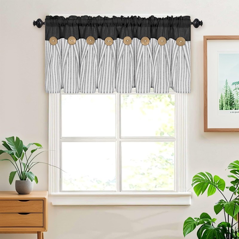 ASPMIZ Cotton Linen Kitchen Valance Curtains, Boho Rustic Button Linen