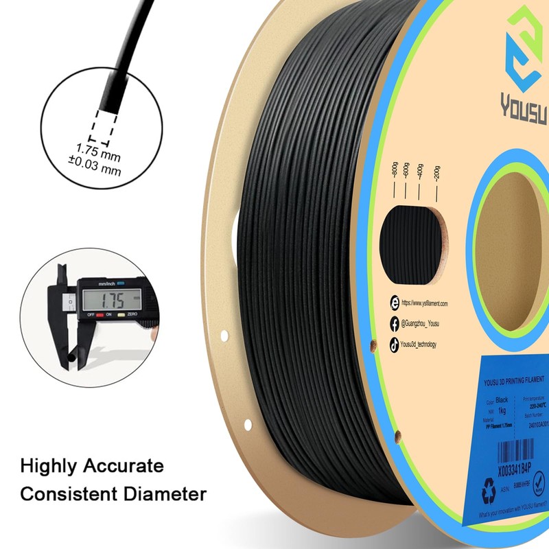 YOUSU Polypropylene PP Filament, 1.75mm 3D Printer Filament for 3D