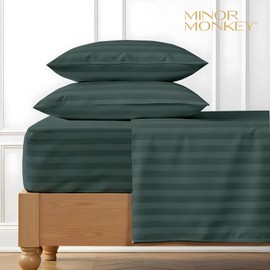 King Damask Striped Sheets 1000 Thread Count 4 Piece 100% Egyptian Cotton Sage Bed Sheets for King Size Bed Extra Long Staple Cotton Luxury Hotel Quality Soft Comfy Bedding Set - 16" Deep Pocket