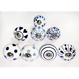 ATCUSA Set of 8 Dessert Flower Handmade Knob Cabinet Cupboard Door Dresser Wardrobe Drawer Pull for Bathroom | Bedroom | Office | Kitchen Handmade Ceramic Knobs | (Blue)